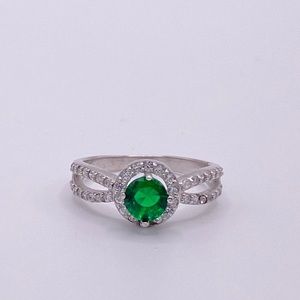 Lab Created Emerald and Lab Created Diamond Ring, 925 Sterling Silver; Size 6.5
